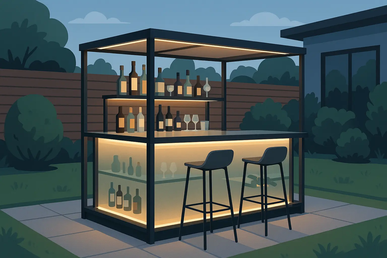Sleek metal and glass outdoor bar design