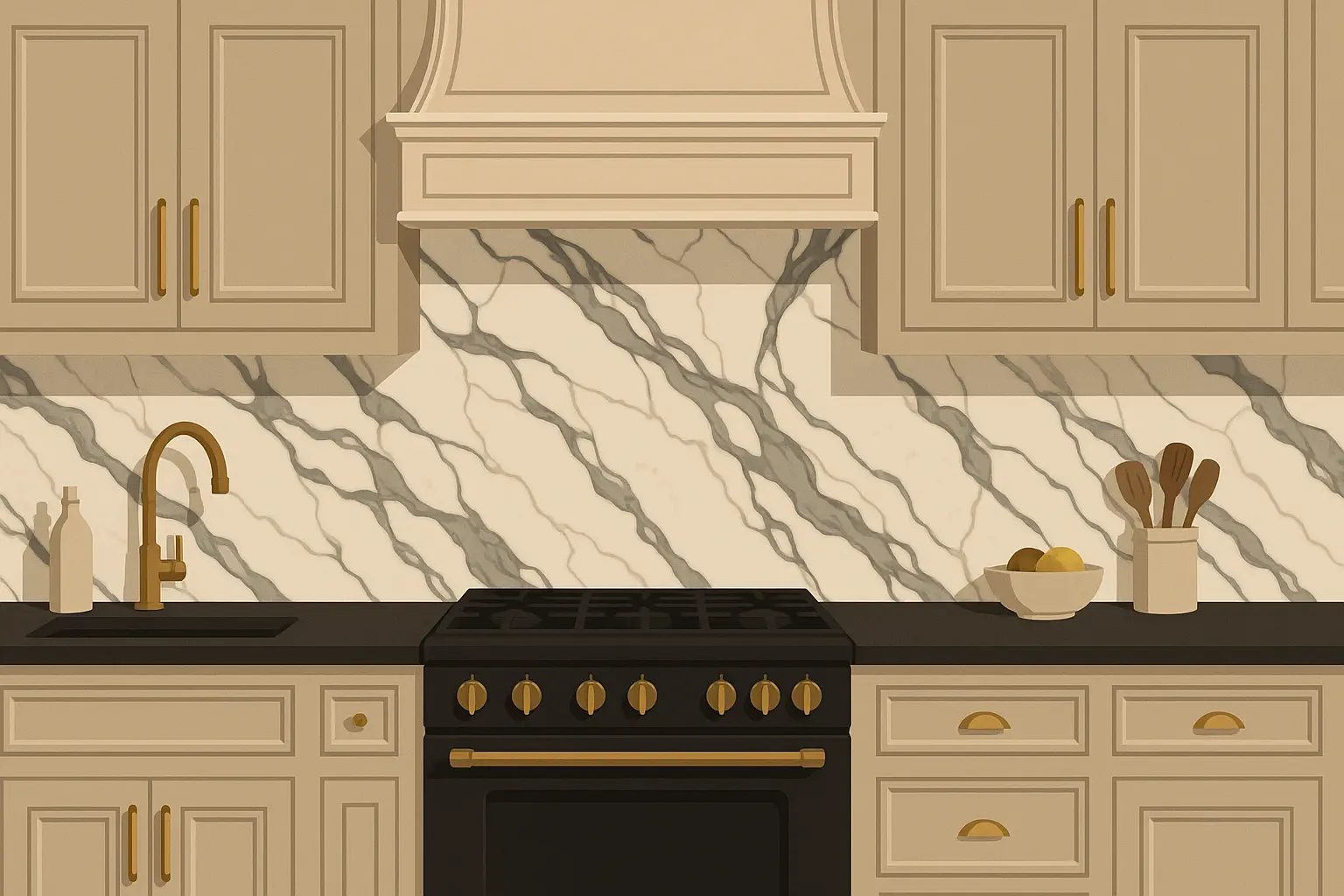 Luxury marble slab backsplash in modern kitchen