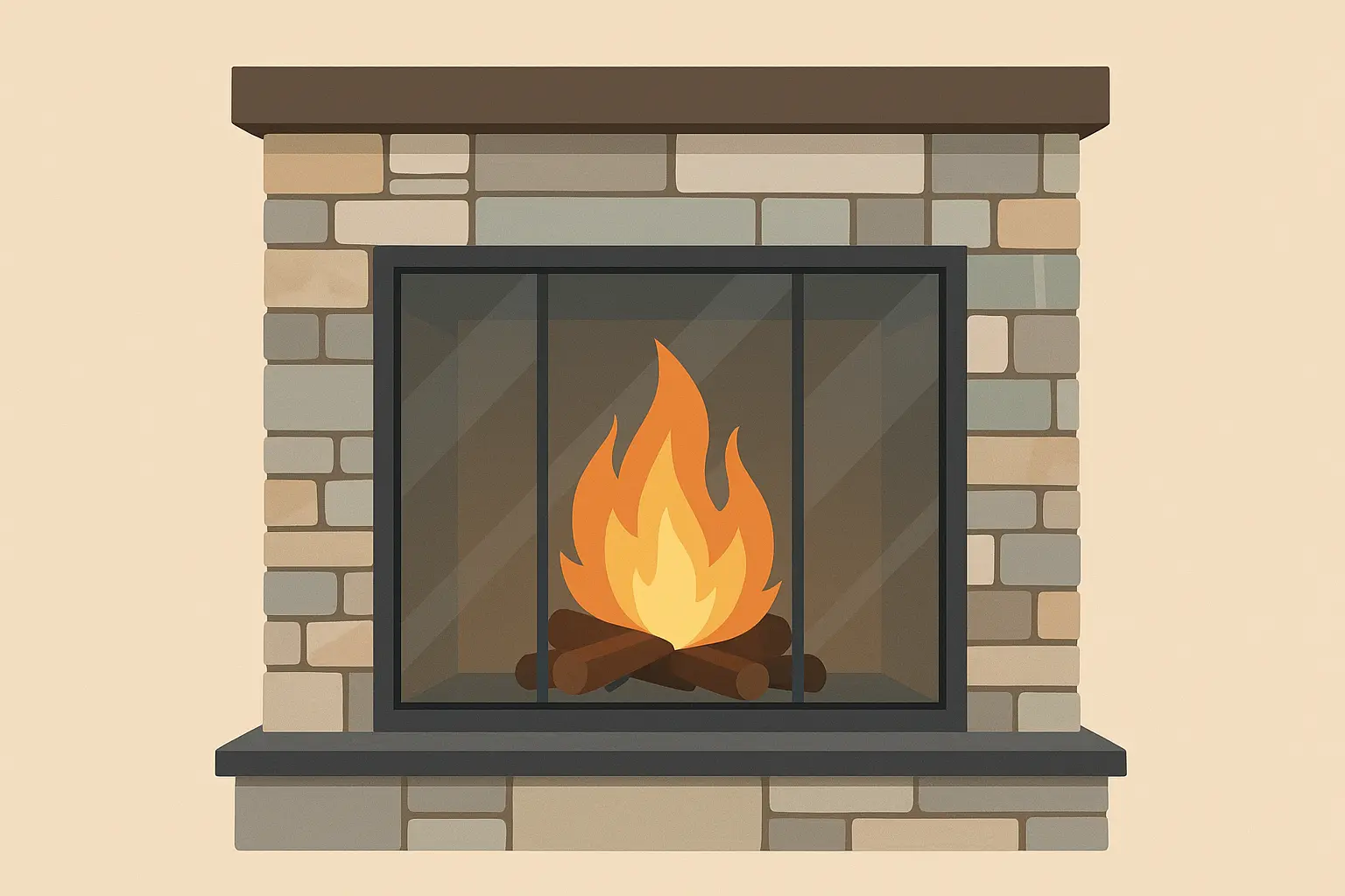 Stone fireplace with glass accent elements