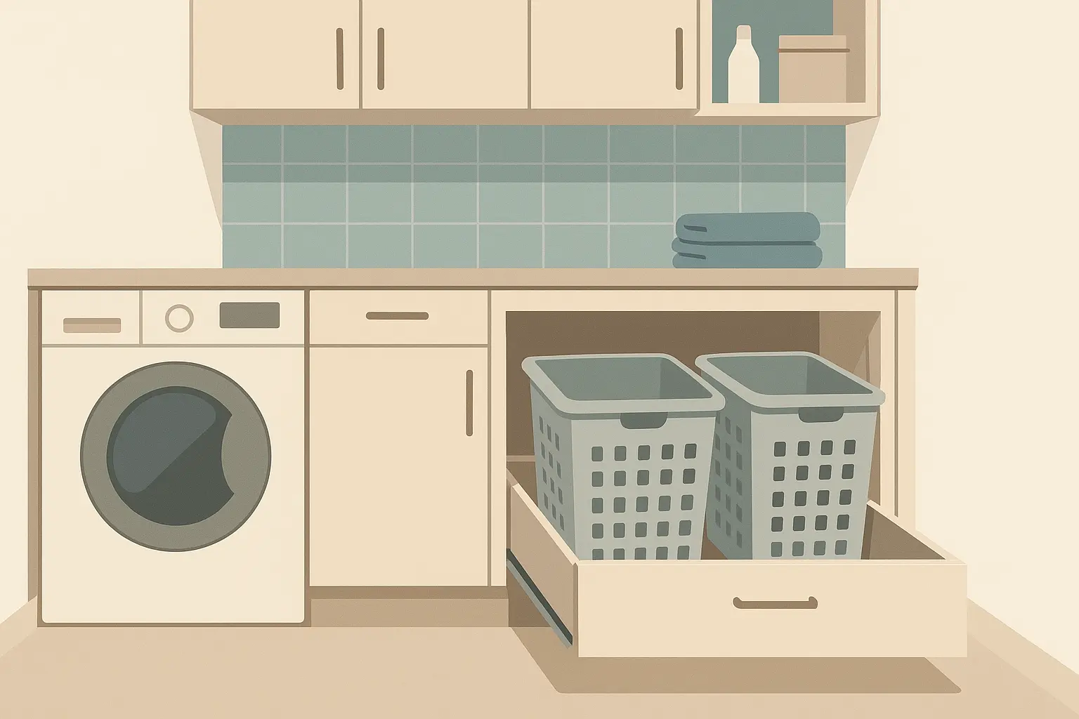 Integrated hamper storage in laundry room cabinetry