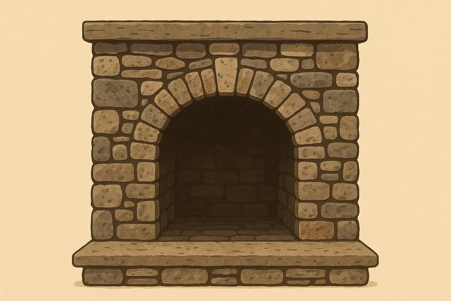 Rustic cobblestone arch fireplace design