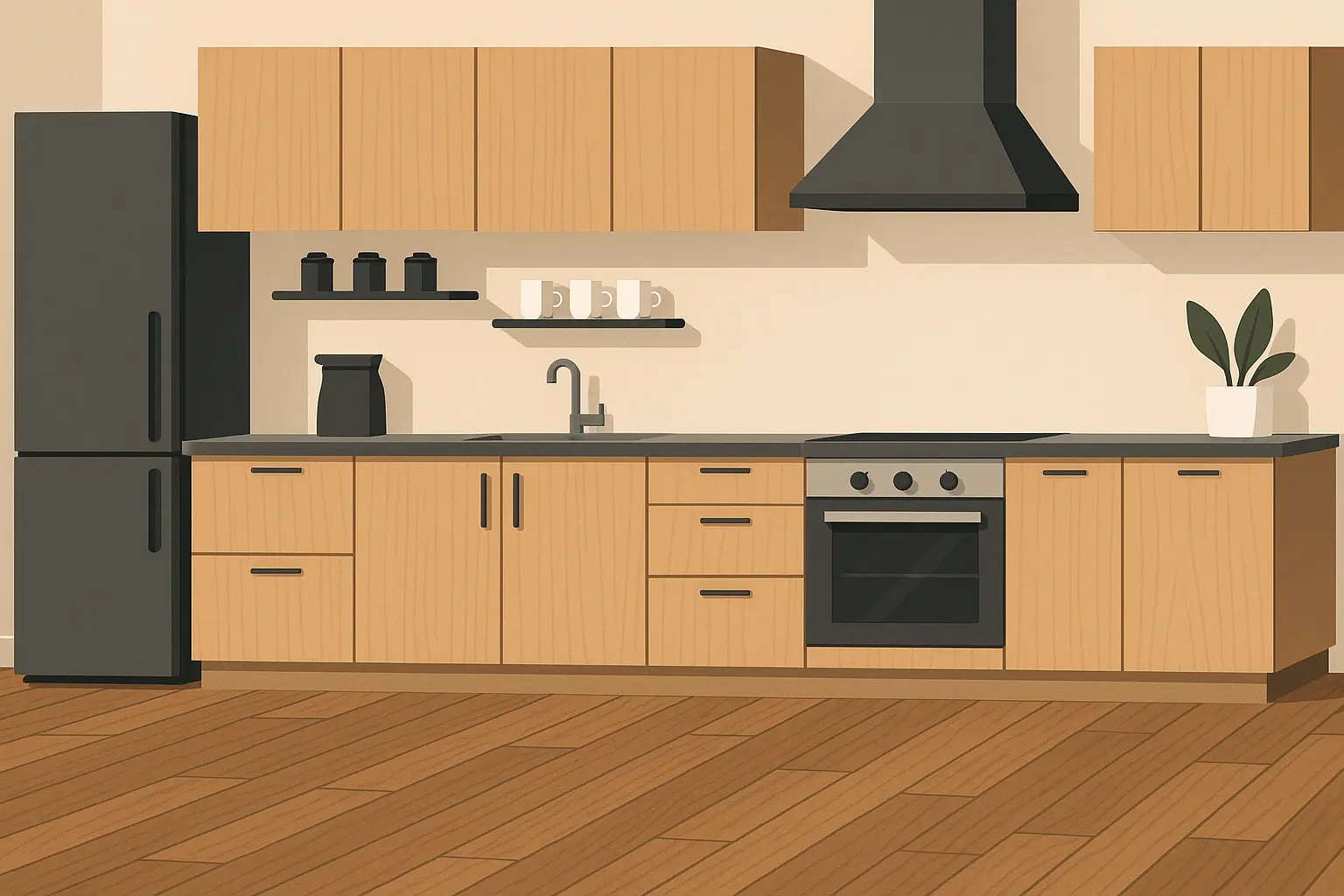 Wood-look porcelain planks in modern kitchen setting