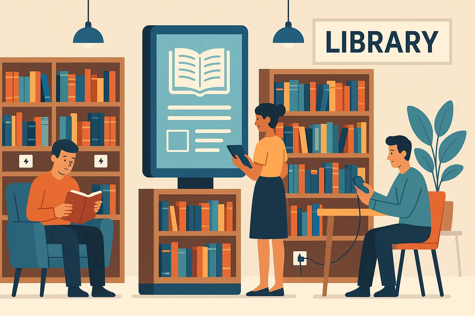 Hybrid digital-physical library with charging stations