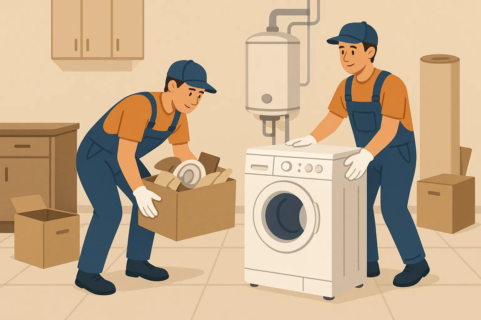 Professional junk removal team clearing laundry room