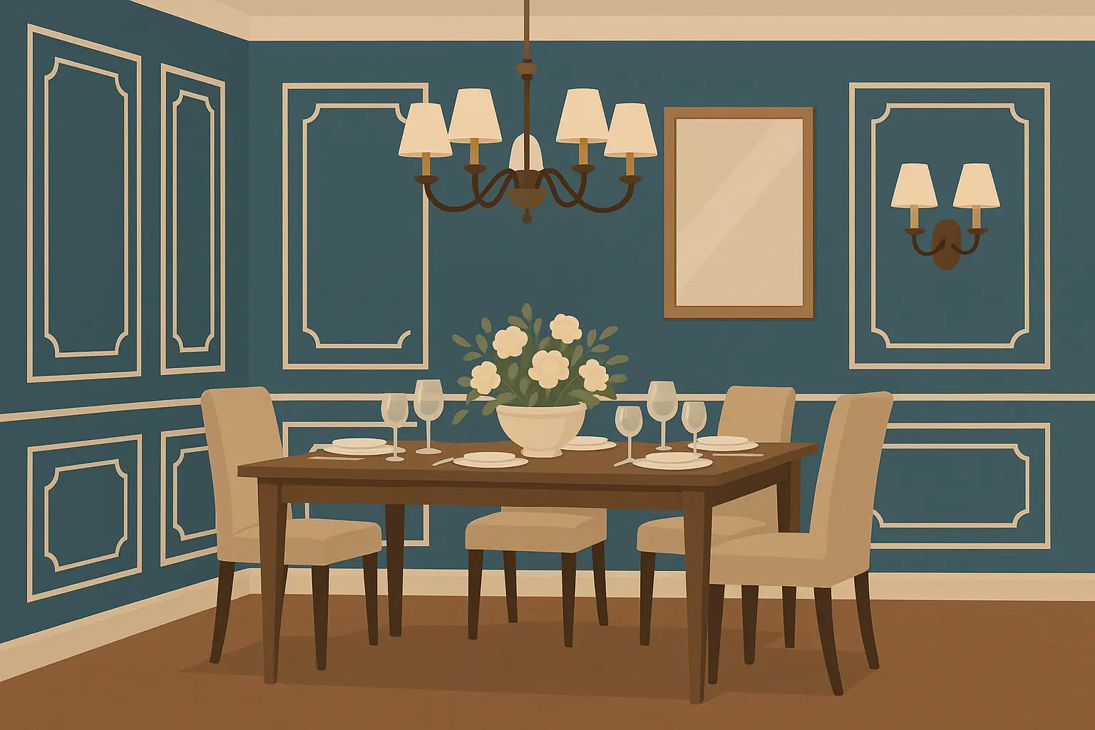 Elegant formal dining room with raised panel wainscoting
