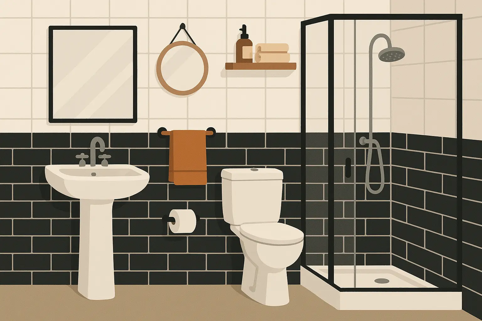 Compact black and white subway tile bathroom