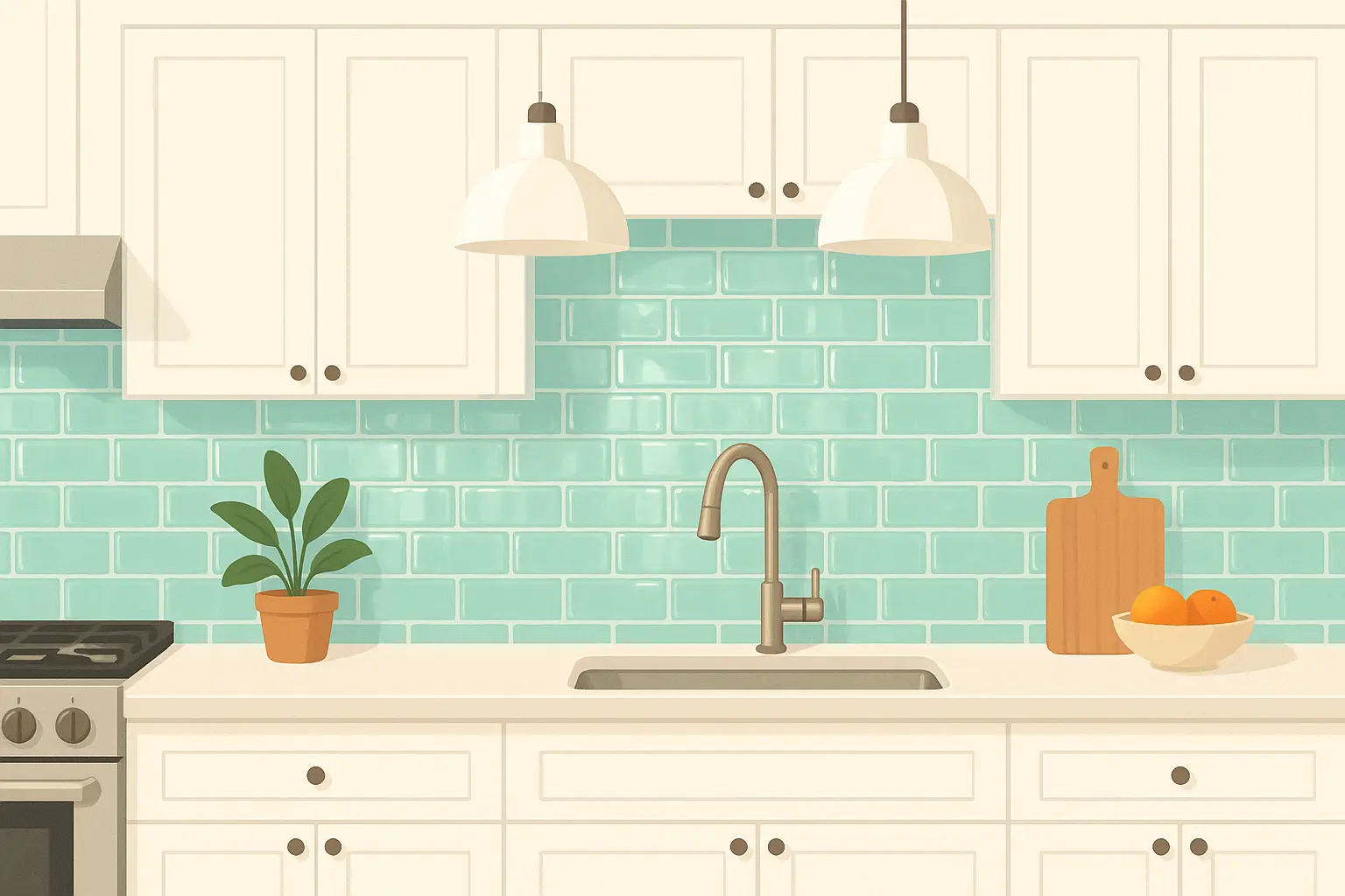 Glass subway tile backsplash reflecting light in kitchen
