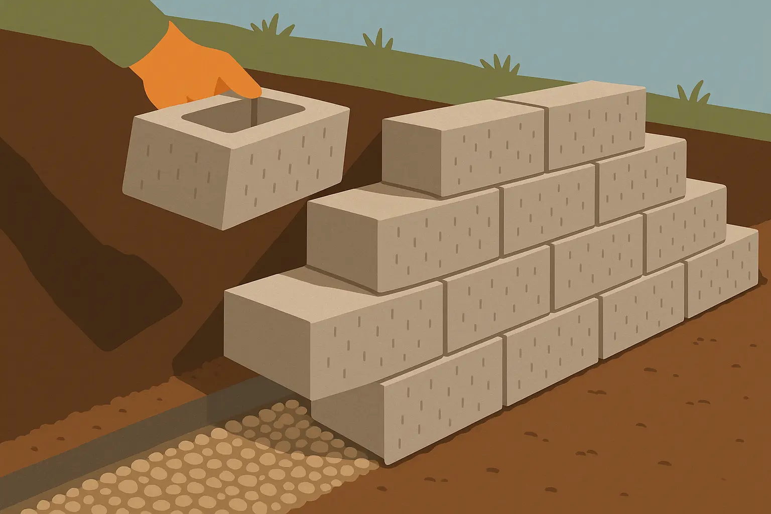 Interlocking concrete block retaining wall showing engineered construction with multiple tiers