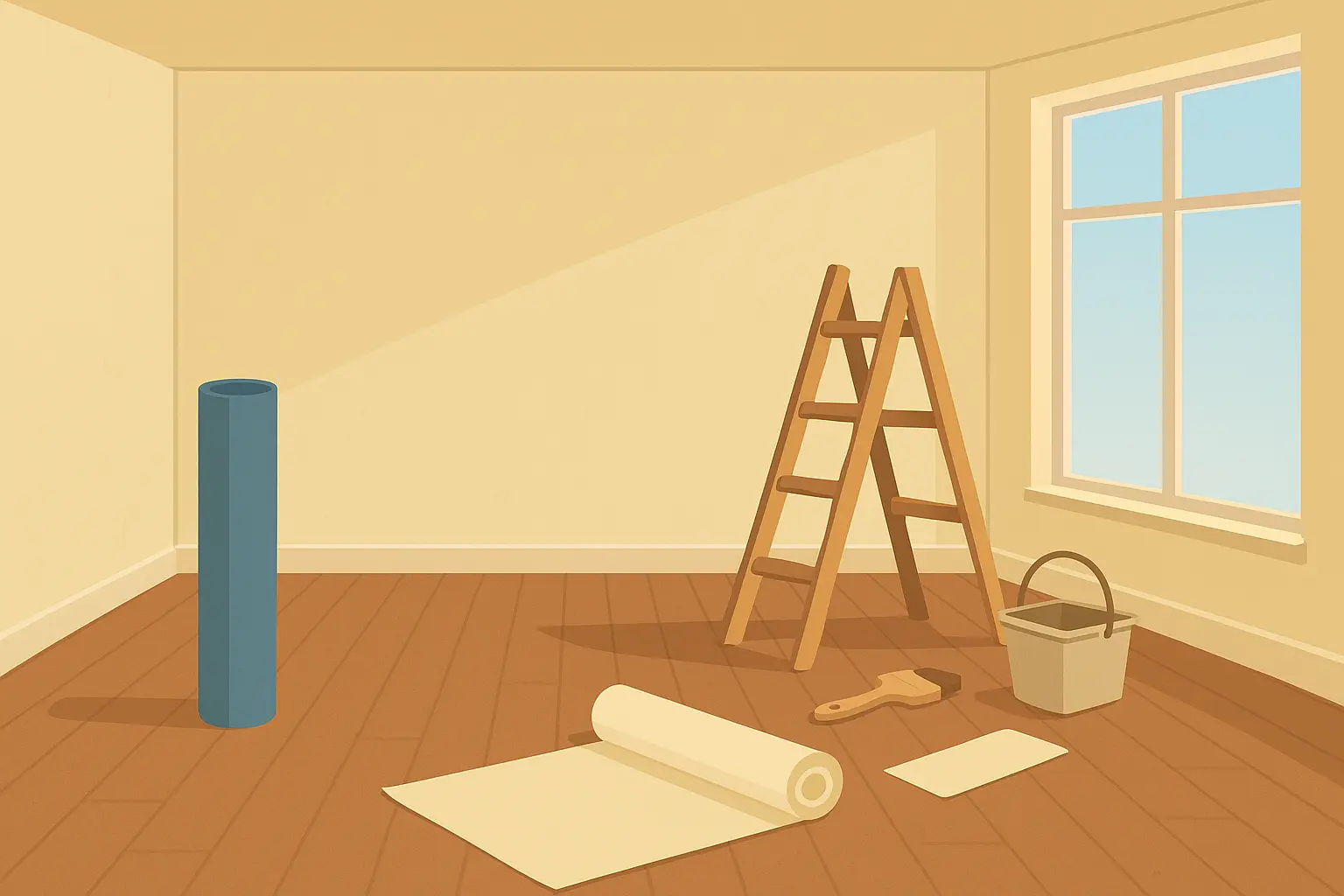 Living room cleared and prepared for wallpaper installation