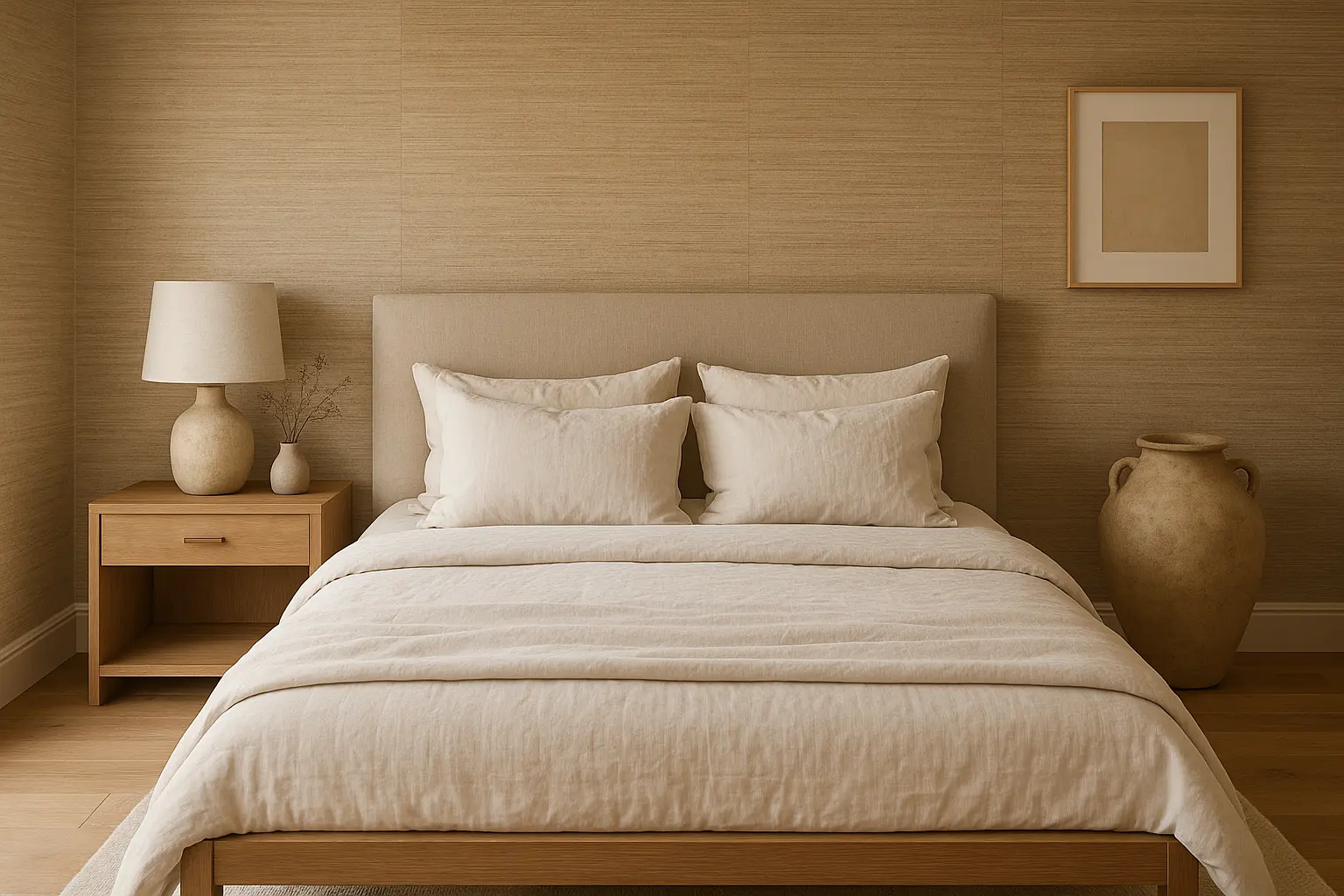 Grasscloth textural wallpaper in bedroom