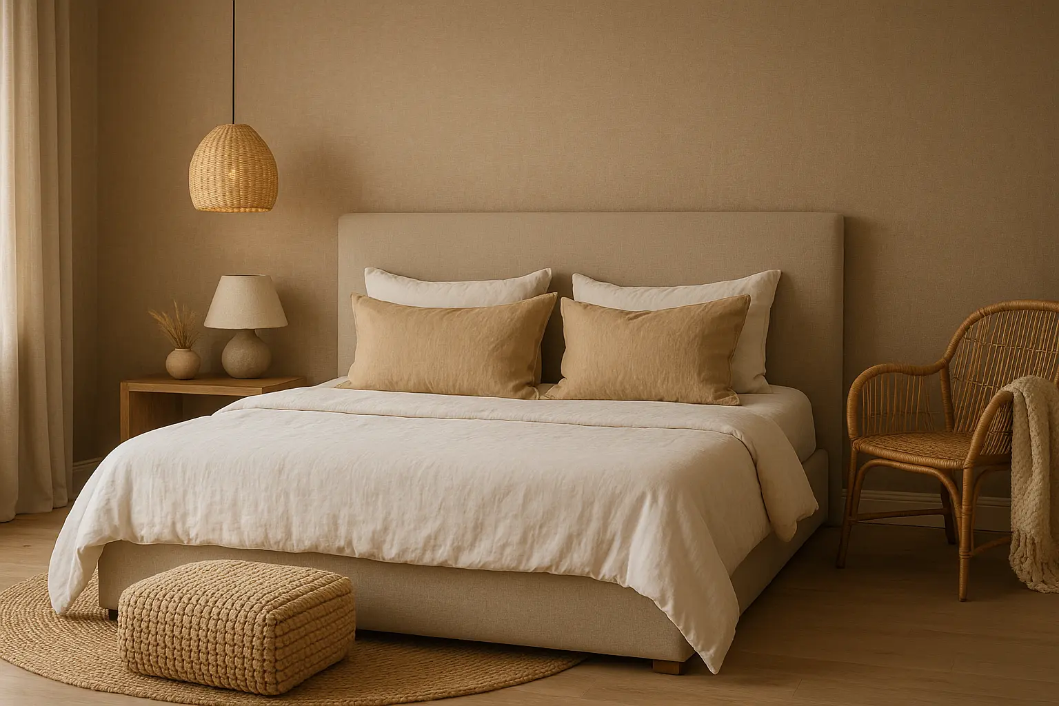 Neutral earth tone wallpaper in bedroom