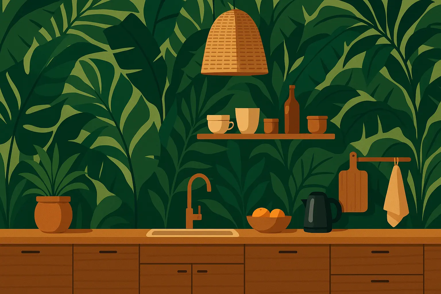 Tropical palm leaf kitchen wallpaper