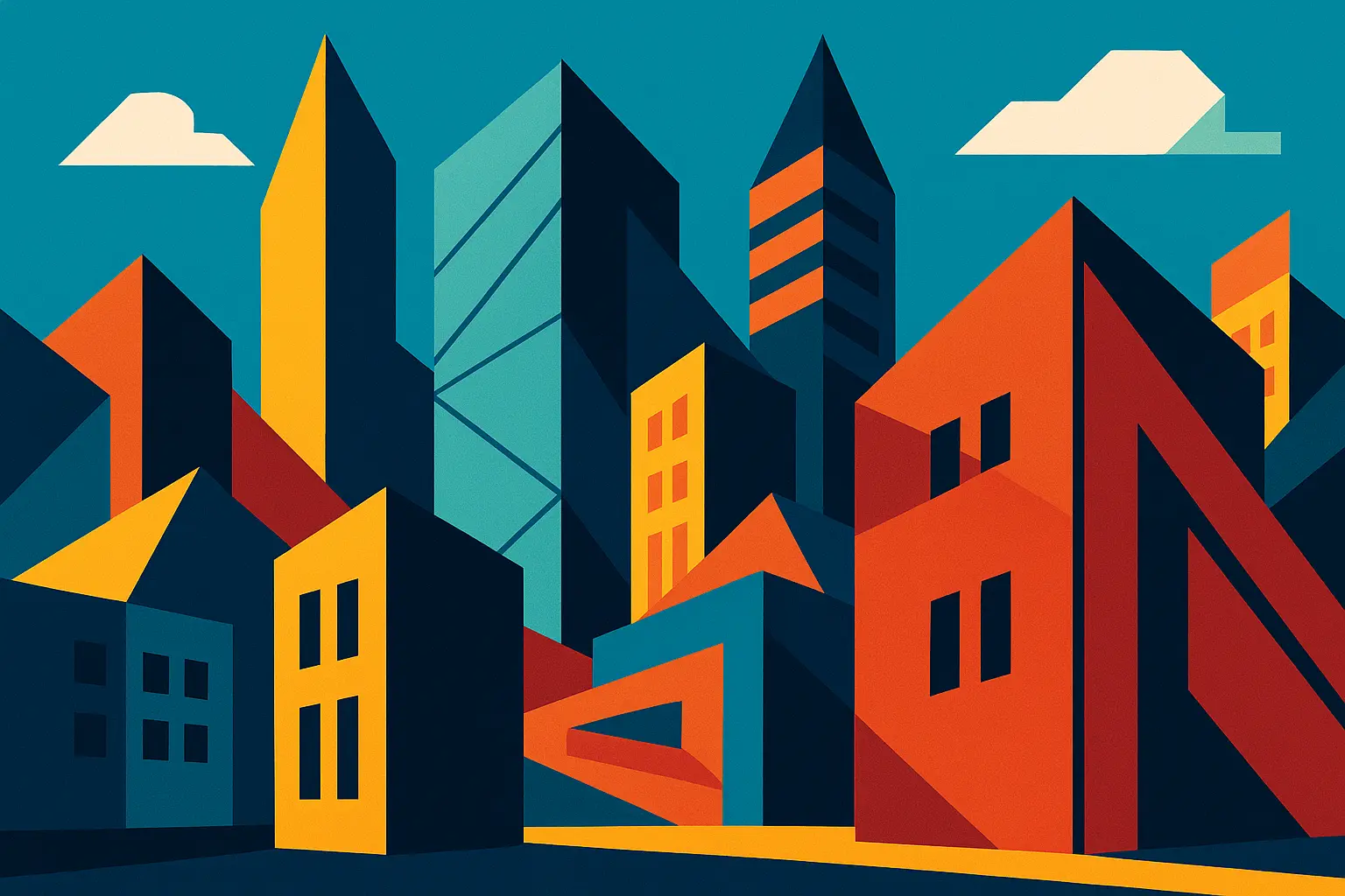 Modern geometric cityscape mural