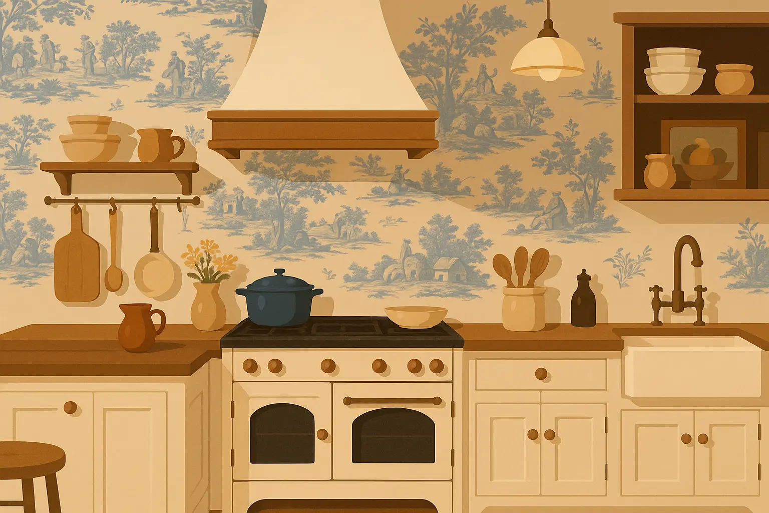 Classic toile kitchen wallpaper design
