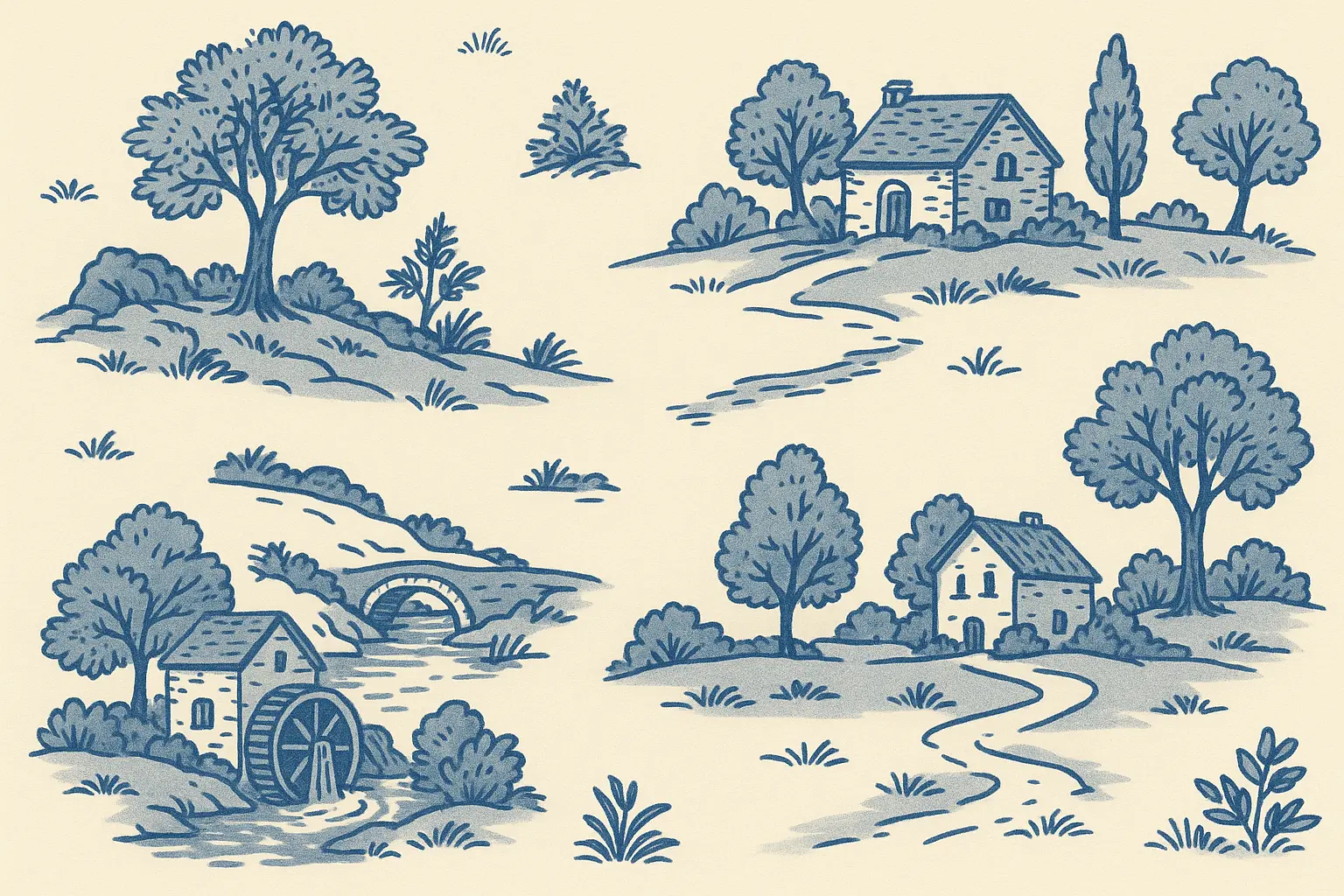 Traditional toile wallpaper showing French pastoral scenes