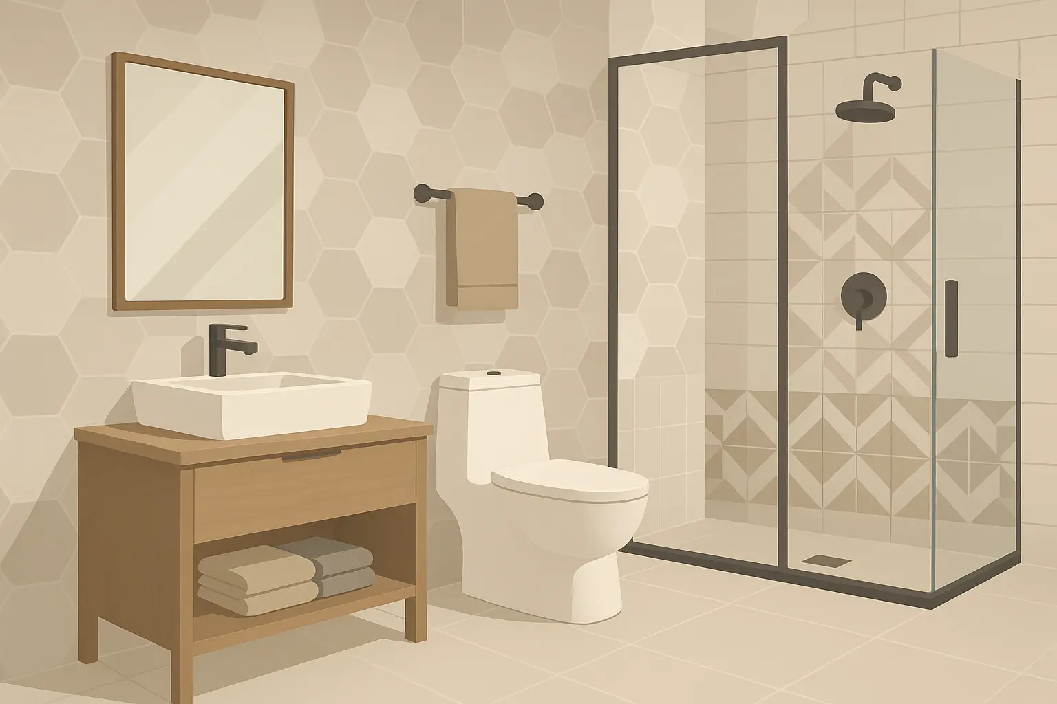 Hexagonal tile-look bathroom wallpaper