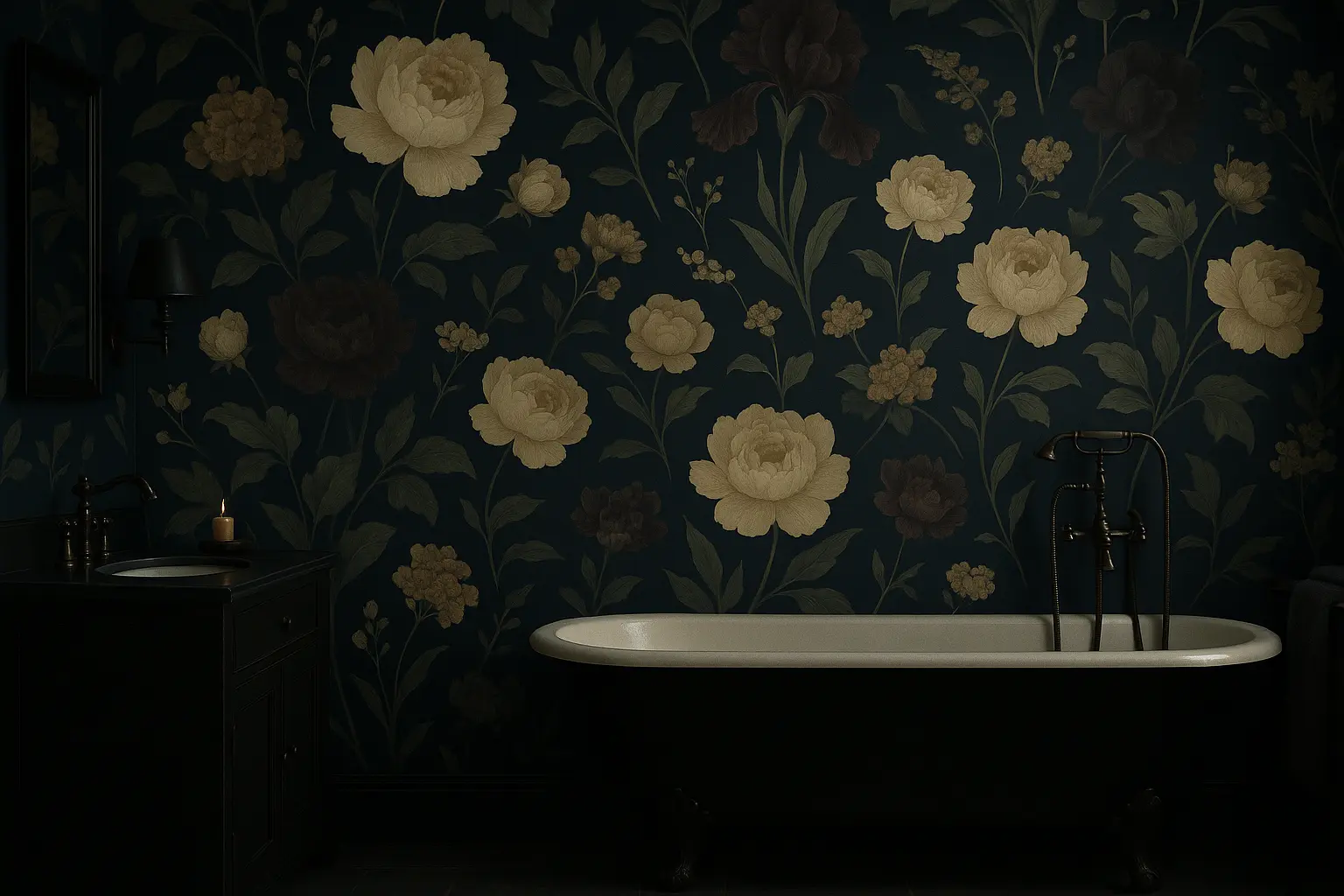 Dark floral bathroom wallpaper design