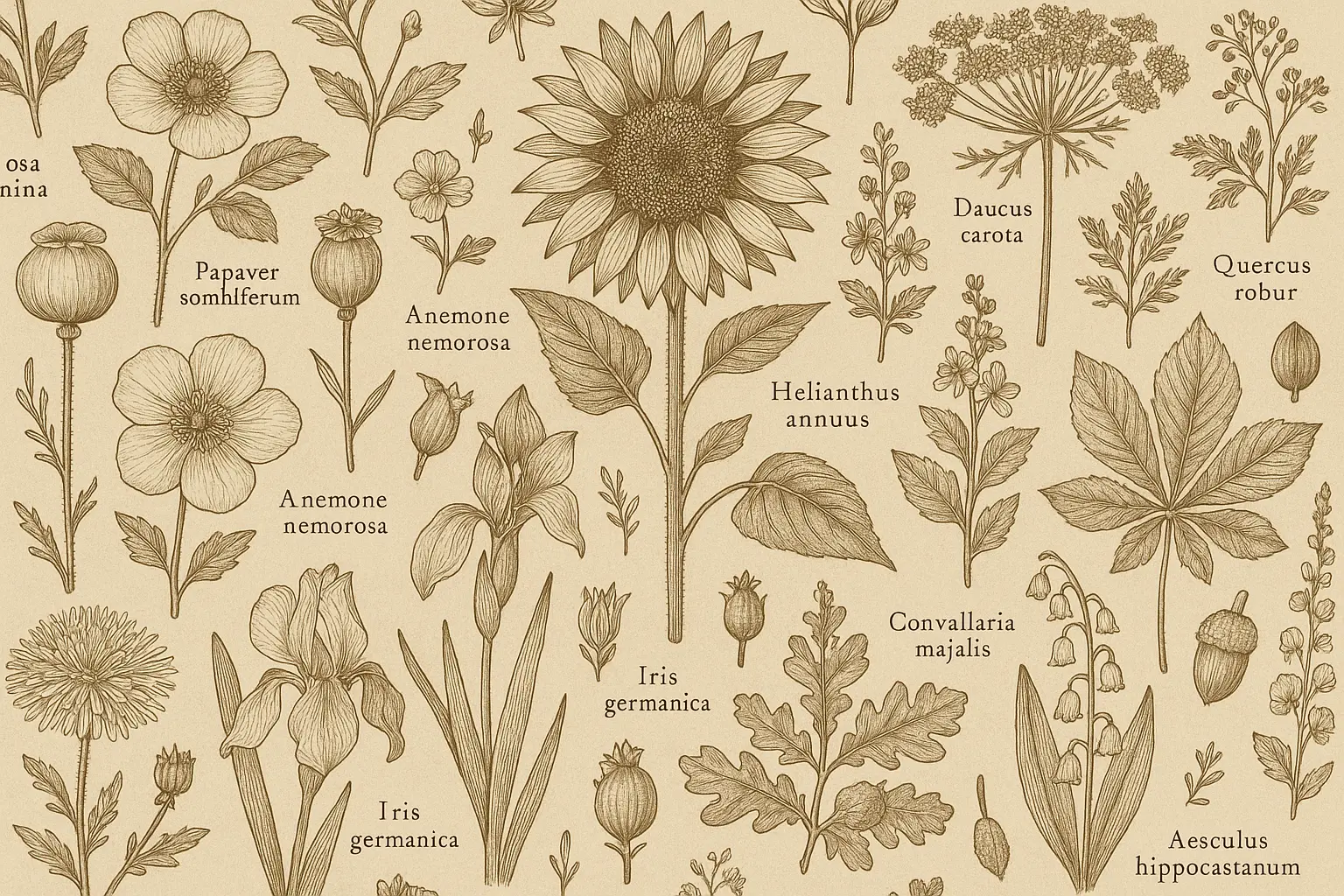 Vintage botanical illustration wallpaper showing detailed plant drawings
