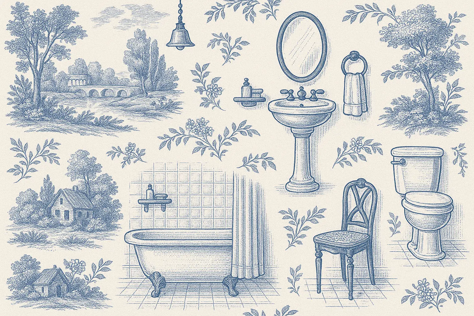 Vintage toile bathroom wallpaper pattern