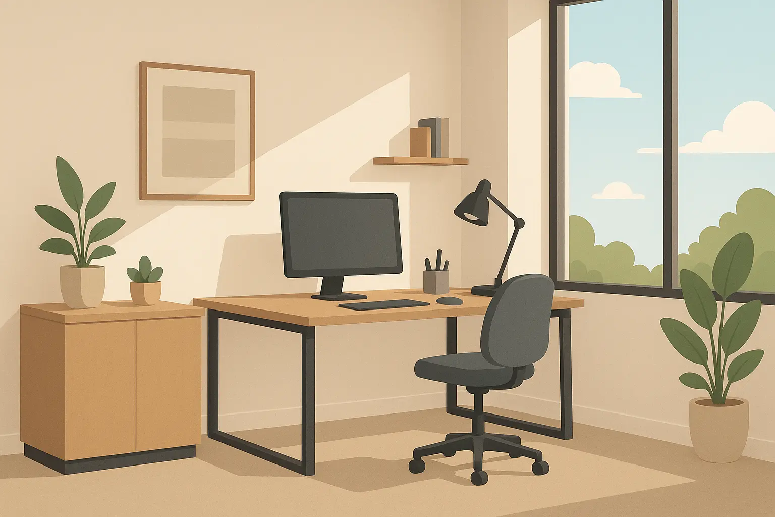 Professional office space with geometric wallpaper