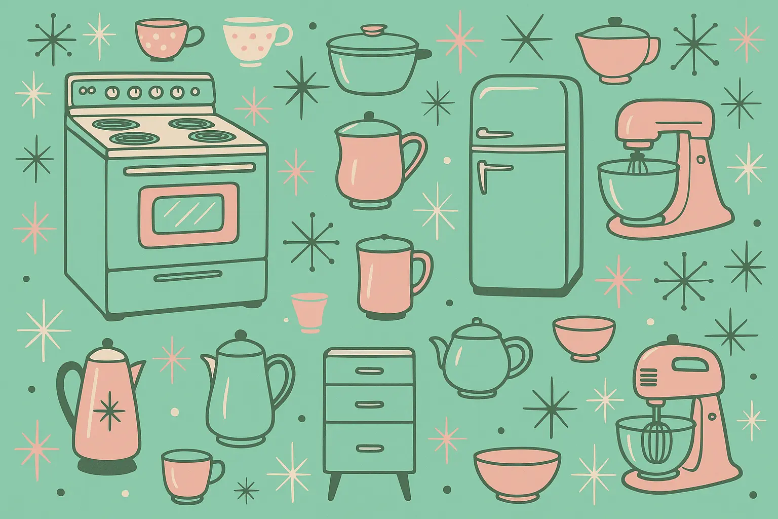 Vintage 1950s kitchen nostalgia wallpaper with retro appliances