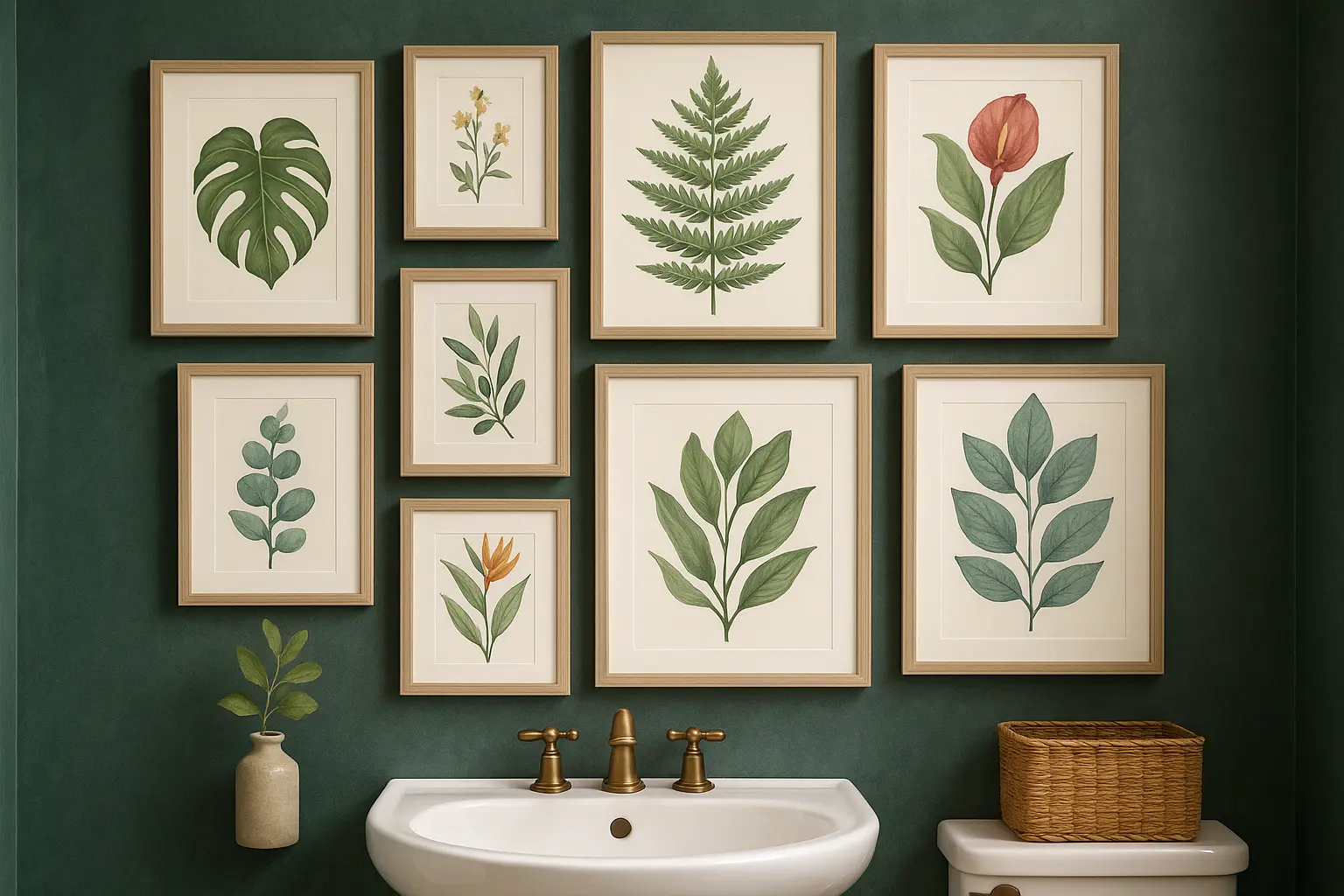 Gallery wall arrangement in powder room