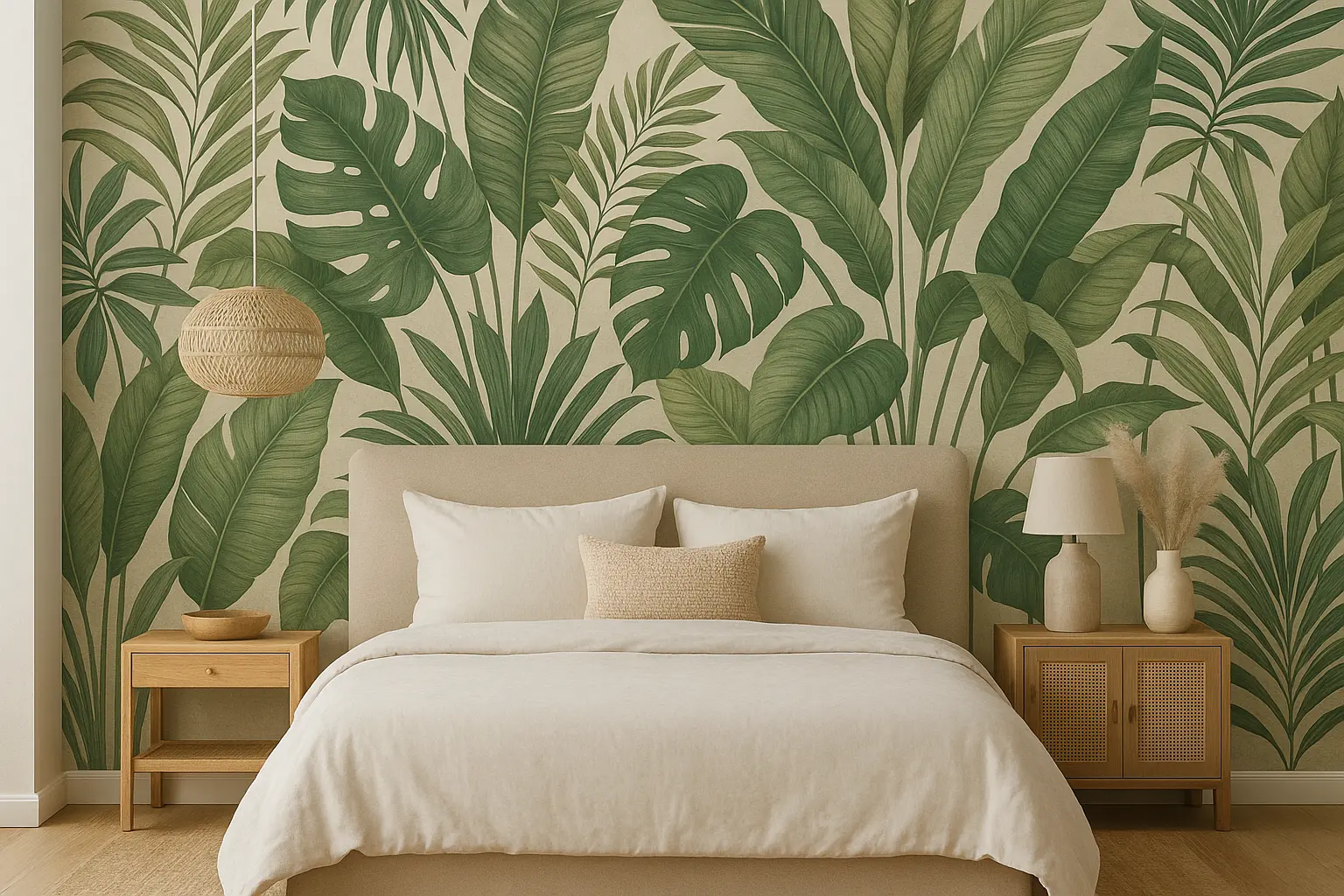 Botanical print wallpaper in bedroom