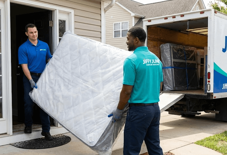 Two professional Jiffy Junk team members wearing branded Jiffy Blue and Jiffy Teal uniforms provide White Glove Treatment by carefully hauling a plastic-wrapped mattress from a residential home to a well-maintained, branded truck, illustrating the Best Low-Cost Bed Bug Furniture Removal Services: Why Jiffy Junk Is the Trusted Company for Safe Haul Away and Pick Up You Can Count On.