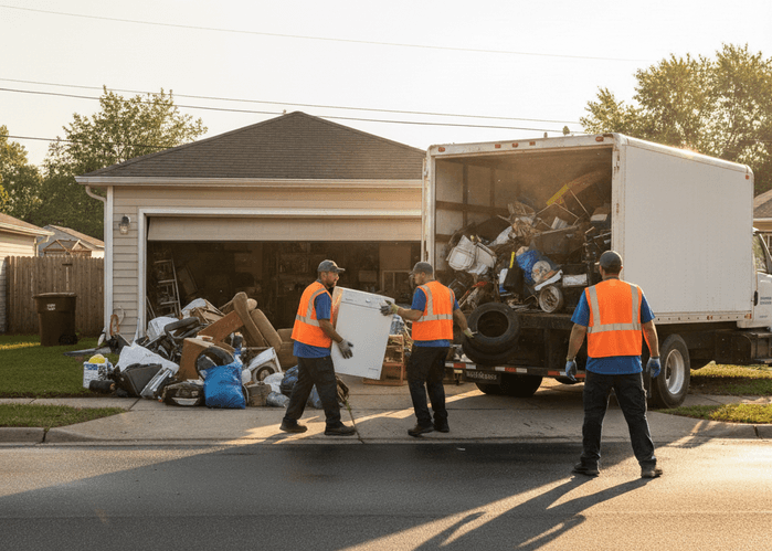 Local junk haulers loading household junk into a truck, showing affordable licensed junk removal services near you.