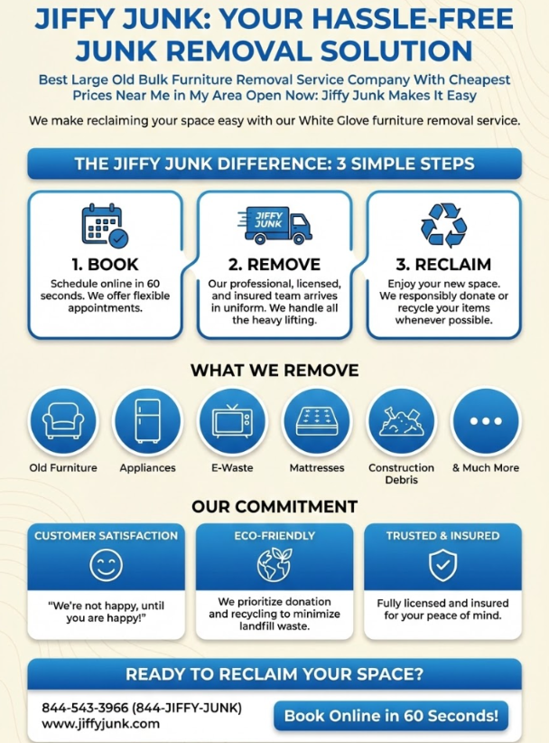 Infographic of Best Large Old Bulk Furniture Removal Service Company With Cheapest Prices Near Me in My Area Open Now: Jiffy Junk Makes It Easy