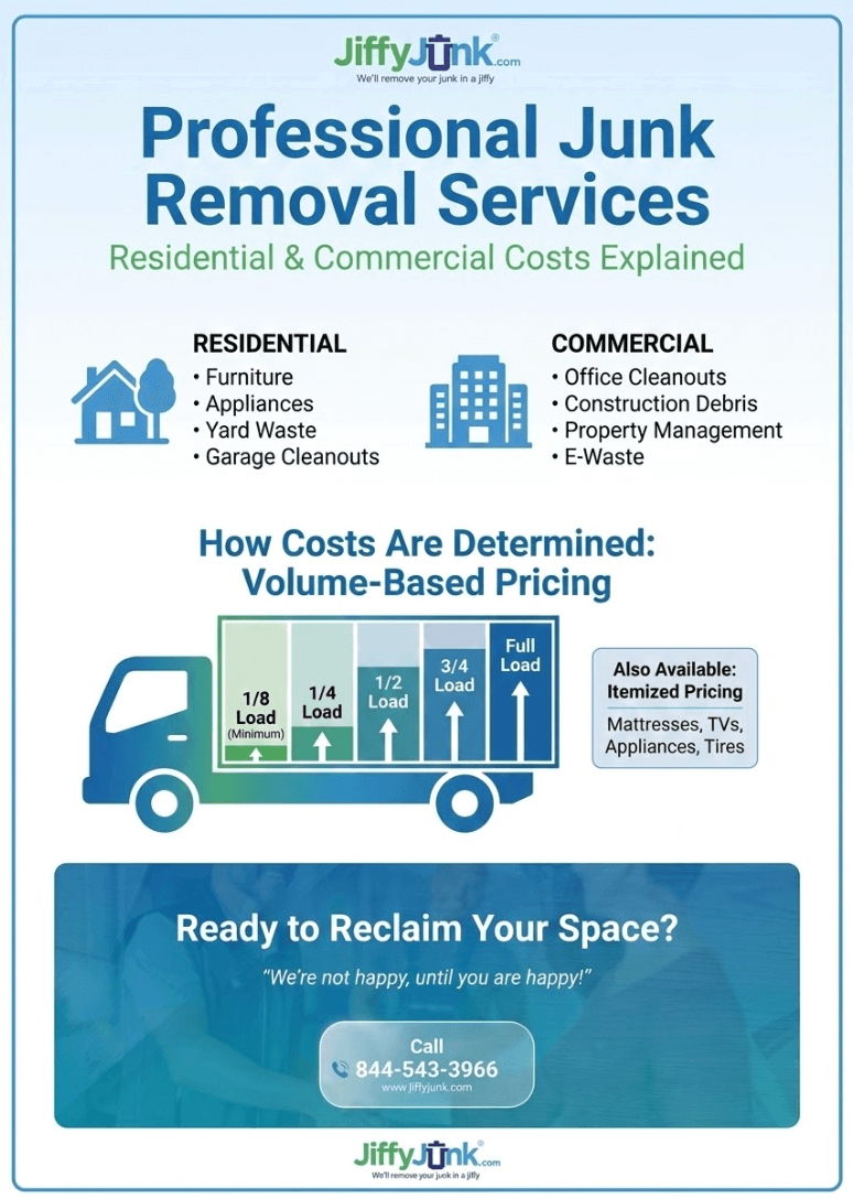 Infographic of Best Pro Local Junk Removal Services Company: Residential and Commercial Cost and Prices Explained So You Can Hire the Right Team for Your Project from JiffyJunk.com