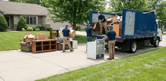 View of Jiffy Junk professionals loading old furniture and boxes into a truck outside a home, illustrating the quality and value of hiring the best pro local residential and commercial junk removal services.
