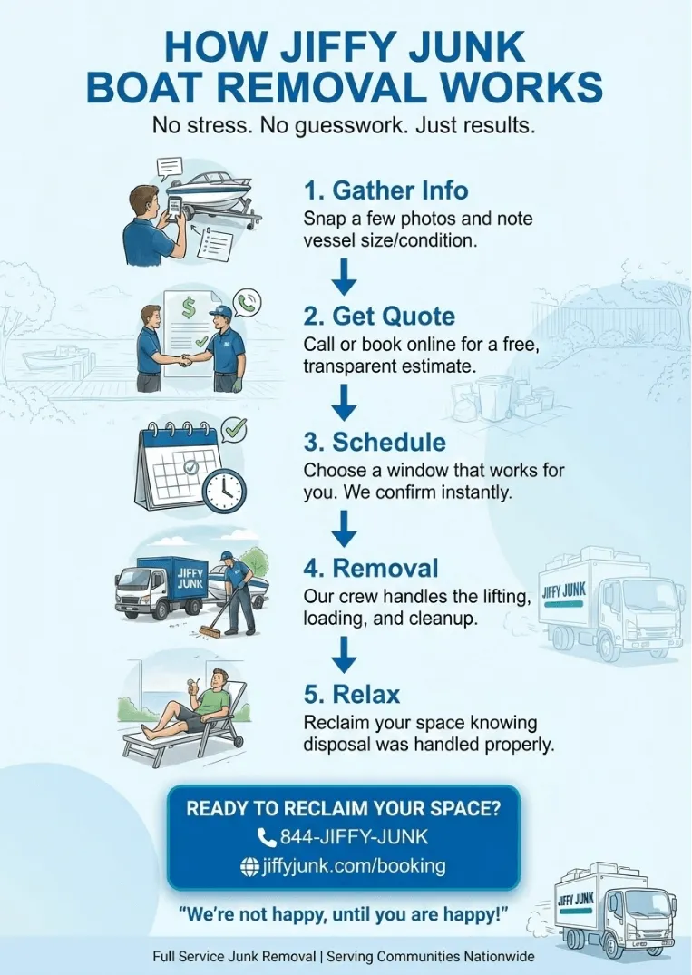 Infographic of How Much Does a Boat Removal Service Cost? Finding the Best Boat Disposal and Haul Away Company to Remove Your Vessel Without the Stress or Guesswork from JiffyJunk.com