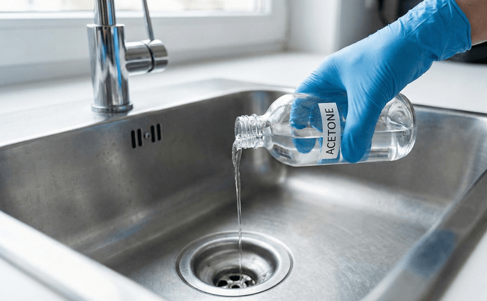 Image of a gloved hand pouring liquid from a bottle labeled acetone directly into a stainless steel kitchen sink drain, visualizing the common question regarding safe home disposal and the potential risks to plumbing and the environment.