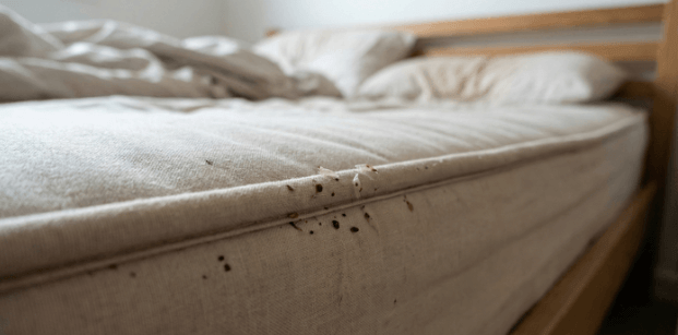 Close-up view showing early signs and evidence of bed bugs on a mattress seam, illustrating how to tell if a mattress has bed bugs to identify an infestation before it spreads, as detailed by JiffyJunk.com.