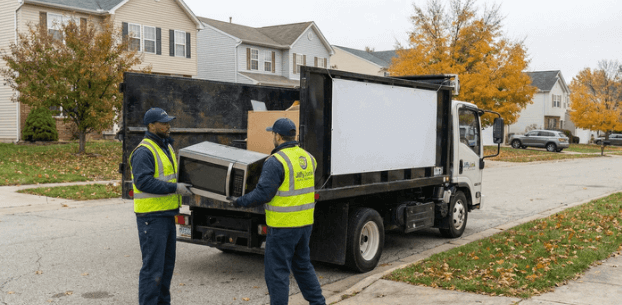 View of Jiffy Junk professional removal team safely collecting an old broken microwave for eco-friendly disposal and recycling to avoid environmental harm.