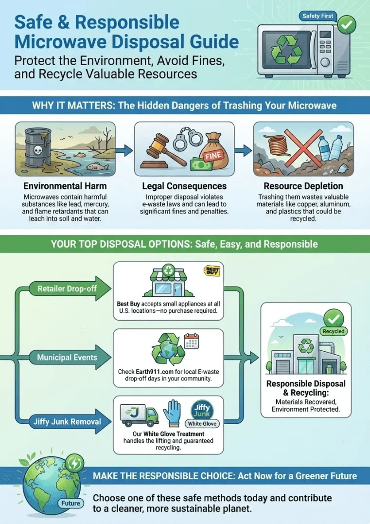Infographic of Can You Throw a Microwave in the Trash? How and Where to Dispose of an Old Broken Microwave Safely Without Getting Fined or Harming the Environment from JiffyJunk.com