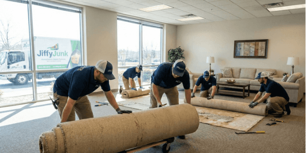 View of Jiffy Junk professionals rolling up old carpet for removal in a bright room, visualizing a cost-effective carpet removal service and rug disposal solution for both commercial and residential projects.