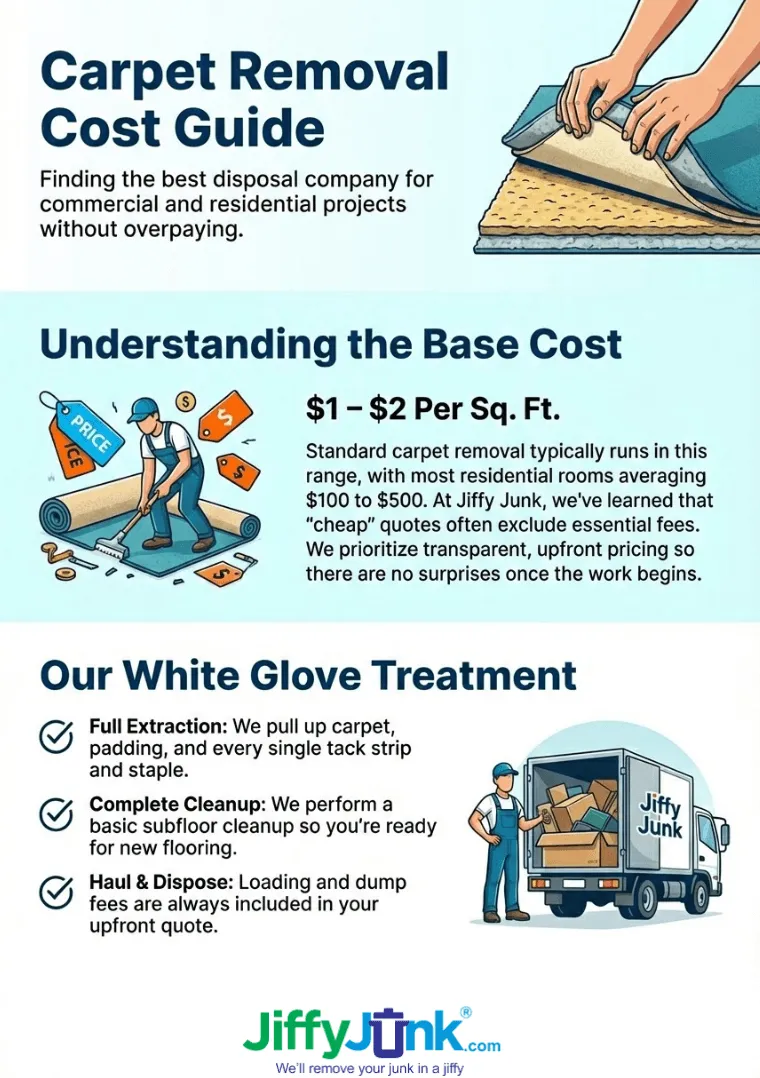 Infographic of How Much Does a Carpet Removal Service Cost? Finding the Best Rug Disposal Company for Commercial and Residential Projects Without Overpaying from JiffyJunk.com