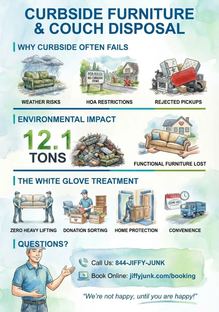 Infographic of Curbside Furniture and Couch Disposal: Can You Leave Furniture on the Curb for Pickup or Do You Need a Professional Haul Away Service to Remove It Properly? from JiffyJunk.com