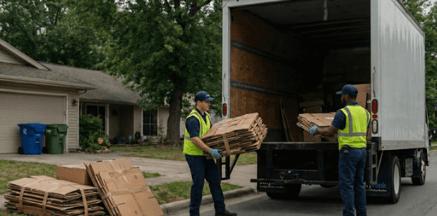 View of junk removal workers loading flattened cardboard bundles into a truck, illustrating a professional cardboard box pickup service and removal process by JiffyJunk.com.
