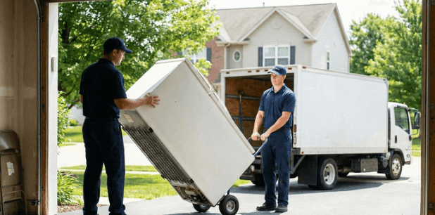 Two JiffyJunk.com professionals using a dolly to haul away an old refrigerator from a residential garage, illustrating easy fridge pick up and disposal without the heavy lifting or stress of doing it yourself.