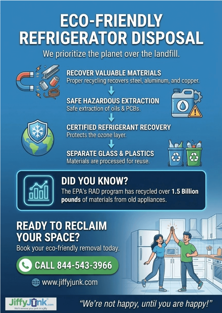 Infographic of Fridge Pick Up, Removal, Haul Away, and Disposal Made Easy: How to Get Rid of an Old Refrigerator Without the Heavy Lifting, Hassle, or Stress of Doing It Yourself from JiffyJunk.com