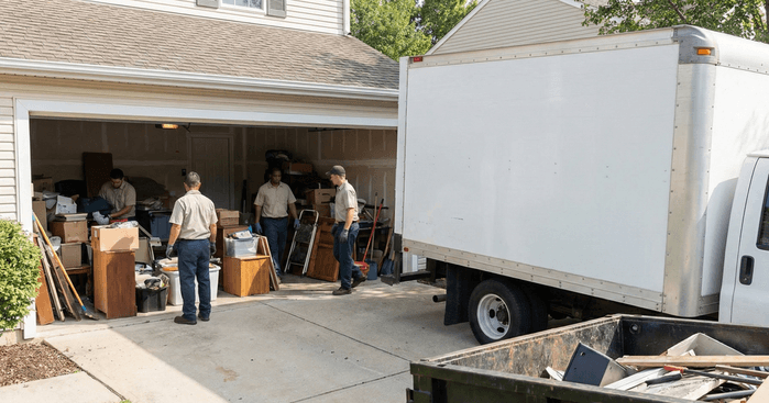 A professional hauling crew actively removing clutter, furniture, and boxes from a residential garage into a large truck and dumpster, illustrating the labor and service involved when determining the cost of professional garage clean out help.