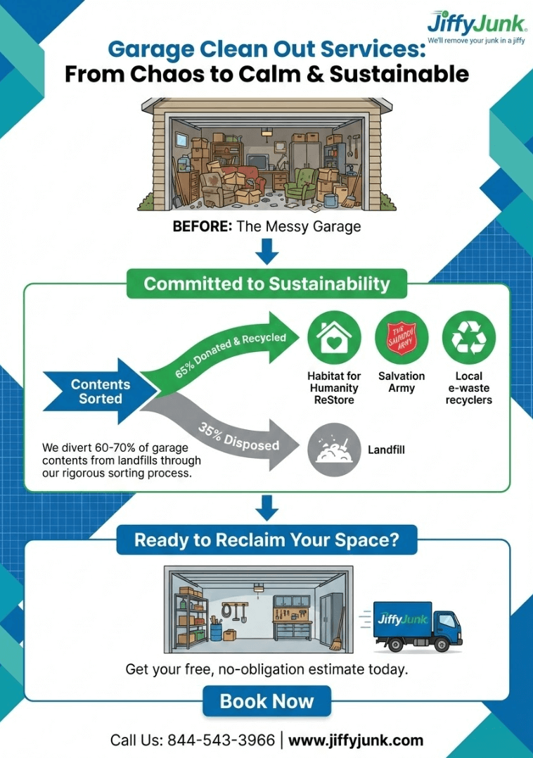 Infographic of Garage Clean Out Services: How Much Does the Best Garage Clean Out and Hauling Company Cost and What Should You Expect to Pay for Professional Help? from JiffyJunk.com