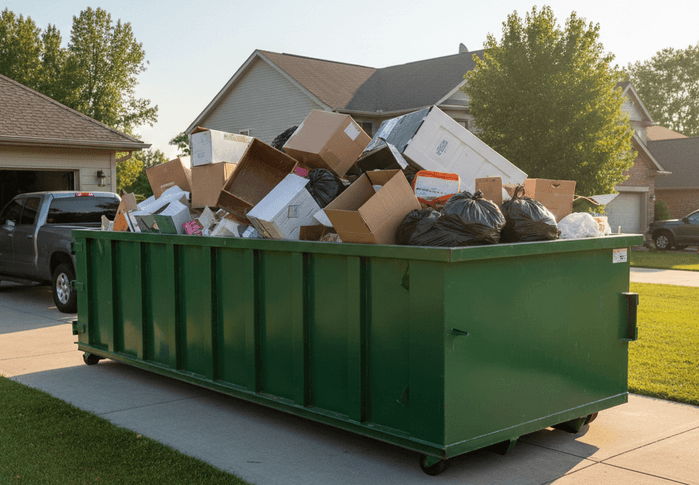 View of 15 cubic yard dumpster filled with cardboard boxes and household junk in a residential driveway, showing dumpster size and capacity for home cleanouts or small renovation projects