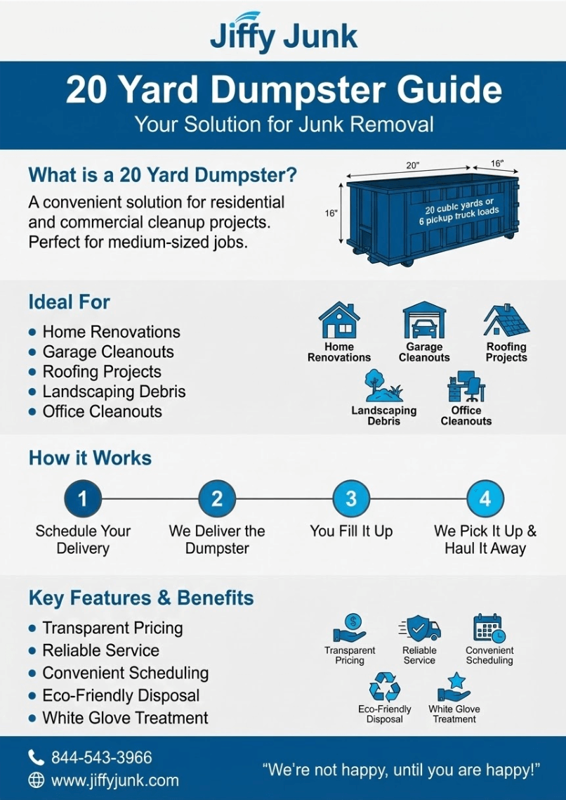 Infographic of How Big Is a 20 Cubic Yard Dumpster Really? A Clear Look at Size Dimensions, Capacity, and Rental Cost to Help You Decide If It's Right for You from JiffyJunk.com