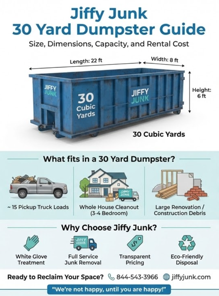 How Big Is a 30 Cubic Yard Dumpster? A Look at Size Dimensions, Capacity, and Rental Cost to Help You Decide If It's Right for You from JiffyJunk.com