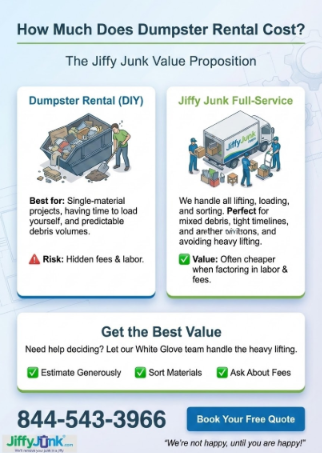 Infographic of How Much Does Dumpster Rental Cost? A Complete Guide to Small and Roll Off Dumpster Rental Prices So You Can Choose the Right Size for Your Project from JiffyJunk.com