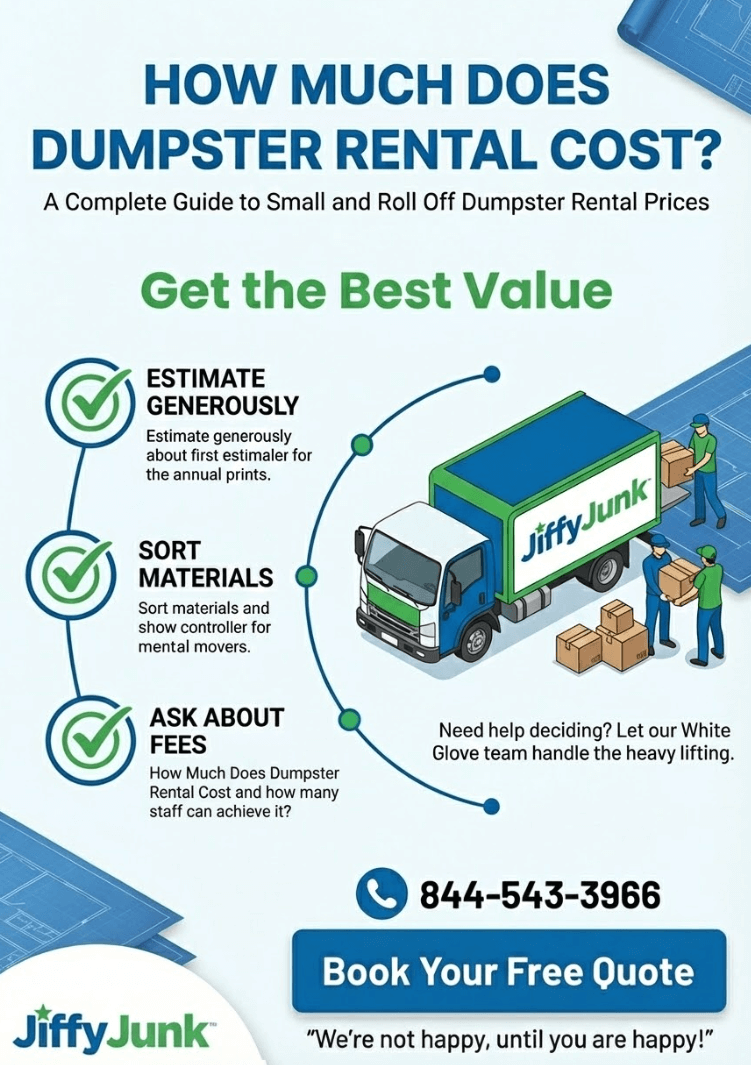 Infographic of How Much Does Dumpster Rental Cost? A Complete Guide to Small and Roll Off Dumpster Rental Prices So You Can Choose the Right Size for Your Project from JiffyJunk.com